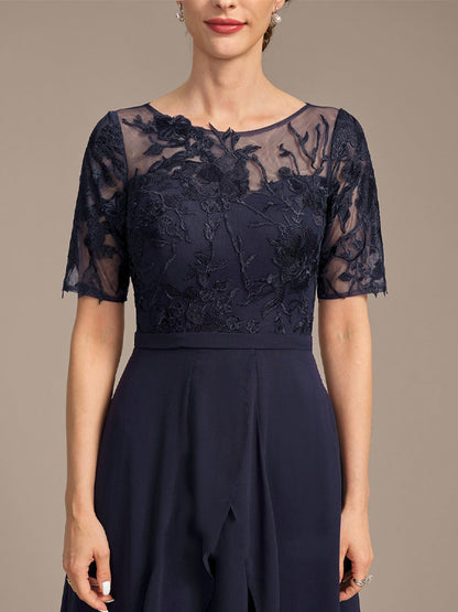 Round Neck Short Sleeve Lace Solid Color Midi Dress