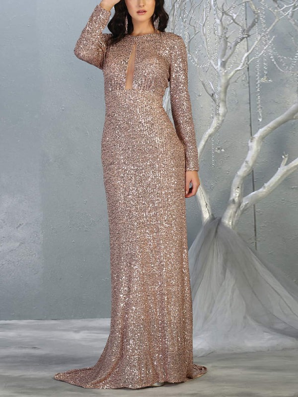 Round Neck Long Sleeve Sequin Solid Color Maxi Dress