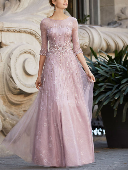 Round Neck Mesh Lace Solid Color Maxi Dress