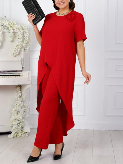 Round Neck Solid Color Short-sleeved Top And Trousers Suit
