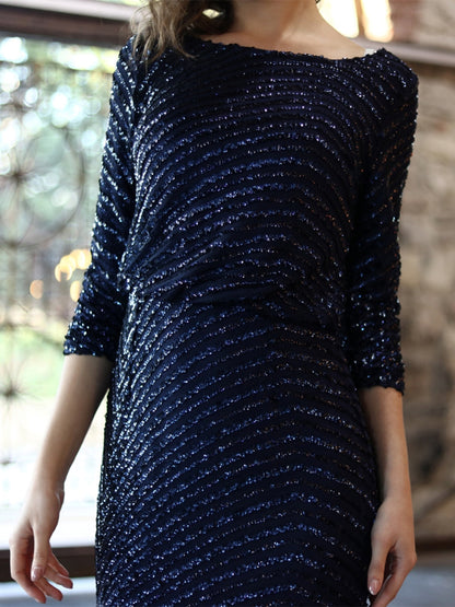 Round Neck Sequins Solid Color Maxi Dress