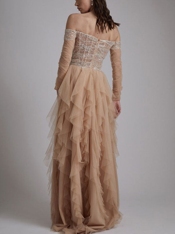 Off-the-shoulder Mesh Elegant Layered Dress