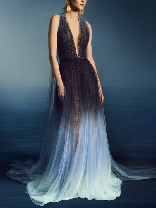 V-neck Mesh Gradient Maxi Dress