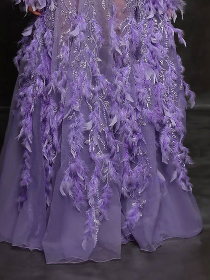 Deep V Elegant Feather Beads Women's Dress