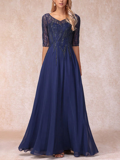 A-Line/Princess V-Neck Half Sleeves Long Formal Evening Dresses With Beading