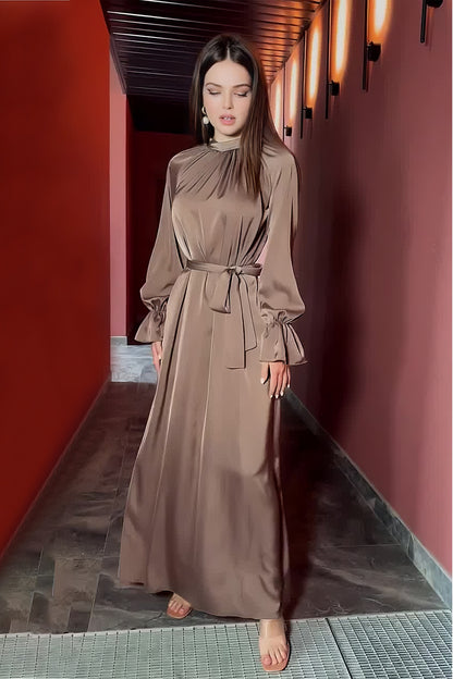 loveedsTM-Solid Color Satin Long Sleeve Loose Dress
