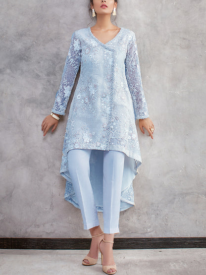 V-neck Lace Solid Color Trousers Suit