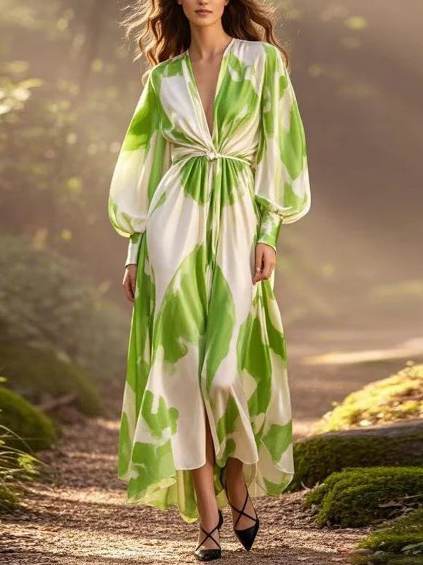 Print Wrinkled Chiffon Dress V Neck