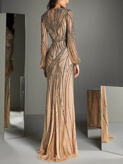 V-Neck Long Sleeves Sequins Maxi Dress