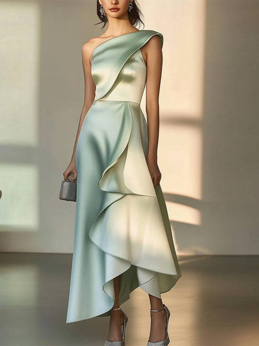Light Green Satin Asymmetric Ruffle Maxi Dress