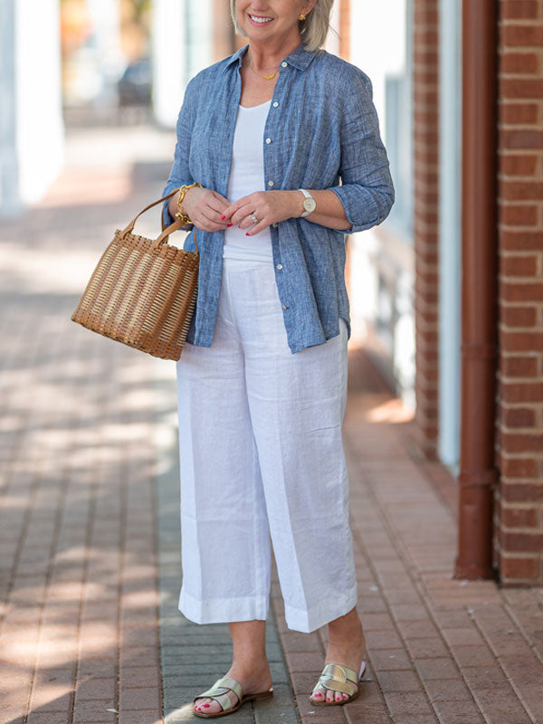 Solid Color Cotton and Linen Elegant Ladies Shirt