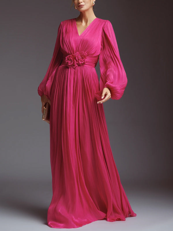 V-neck Long Sleeve Solid Color Maxi Dress