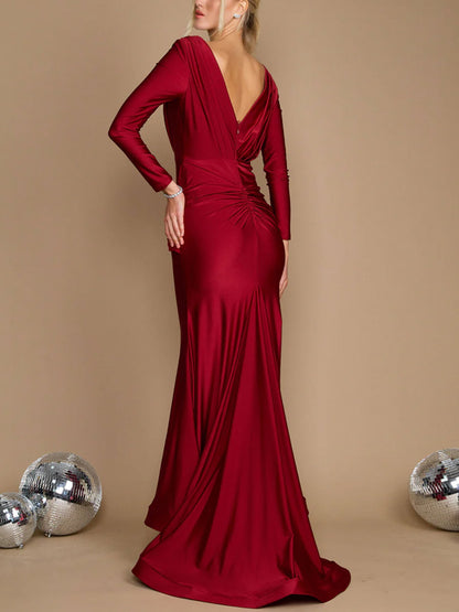 V-neck Solid Color Long Sleeves Maxi Dress