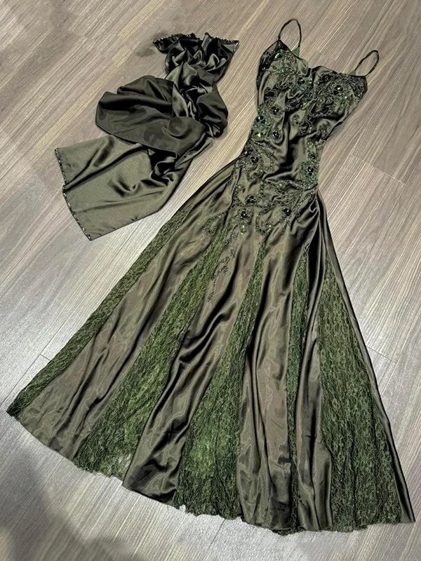Green Vintage Fashion Gorgeous Pretty Charming Elegant Delicate Floral Beaded lace Spaghetti Straps Long Satin Ball Gown Evening Gown Party Dress Prom Gown gh3825