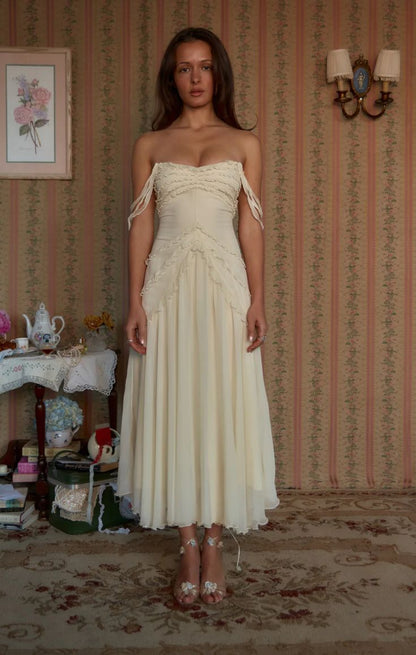 Cute A Line Off the Shoulder Ivory Chiffon Ruffle Prom Dress Graduation Prom Dress SH2583