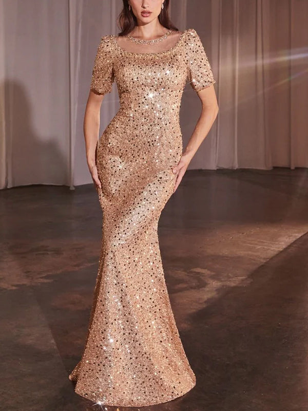 Round Neck Sequined Short Sleeve Solid Color Maxi Dress
