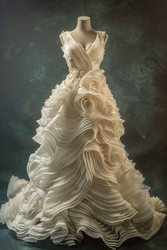 Stunning A Line V neck Ivory 3D Flower Tulle Long Prom Dress Evening Dress SH2447