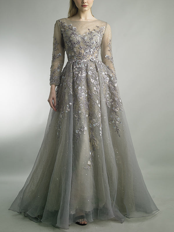 Round Neck Mesh Sequins Maxi Dress