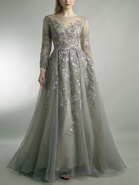 Round Neck Mesh Sequins Maxi Dress