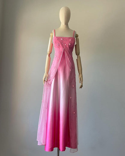 Pink Fashion Gradient Beaded Floral Long Chiffon Retro Prom Dress Evening Dress Birthday Party Dress Graduation Dress gh5129