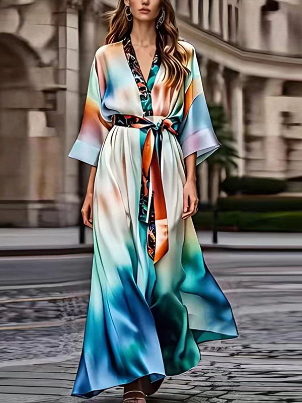 Colorful V-neck Silk Print Maxi Dress