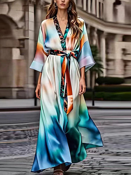Colorful V-neck Silk Print Maxi Dress