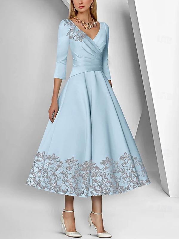 V-neck Satin 3/4 Sleeves Lace Ruffle Sequins Maxi Dress