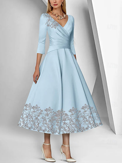 V-neck Satin 3/4 Sleeves Lace Ruffle Sequins Maxi Dress