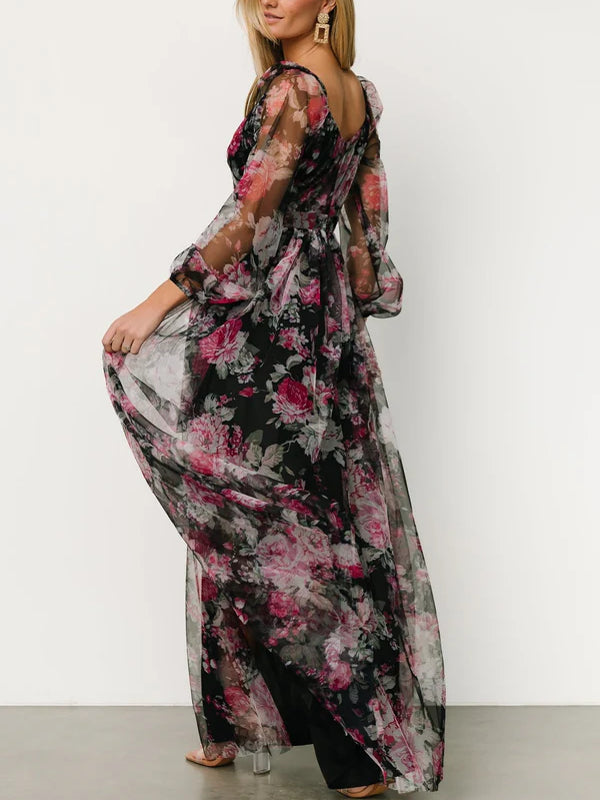 Temperament Split Mesh Printing Maxi Dress