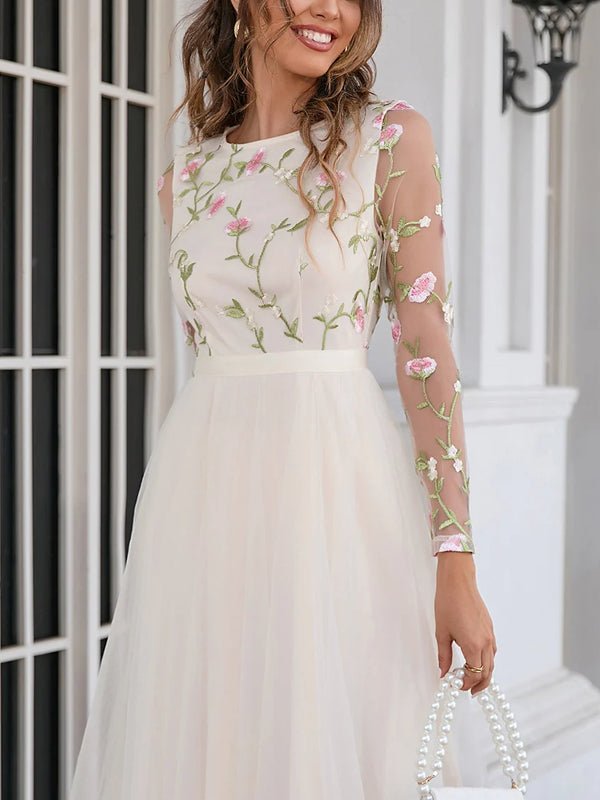 Embroidered Scoop A-line Lace Tulle Midi Dress