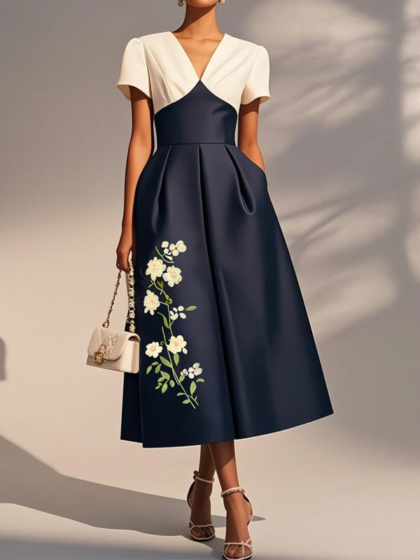 V-neck Short Sleeves Colorblocking Midi Dress
