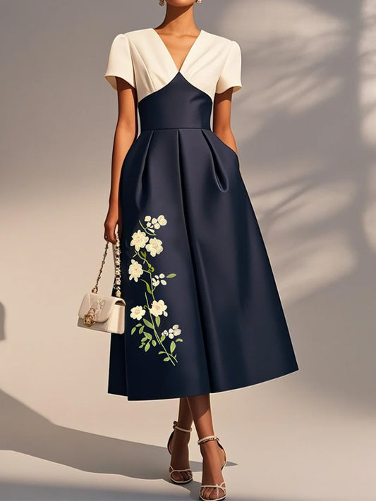 V-neck Short Sleeves Colorblocking Midi Dress