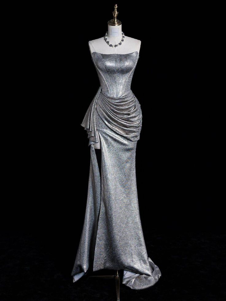 Silver Gorgeous Shimmer Slim Fit Long Satin Prom dress Evening Dress Party Dress gh4967