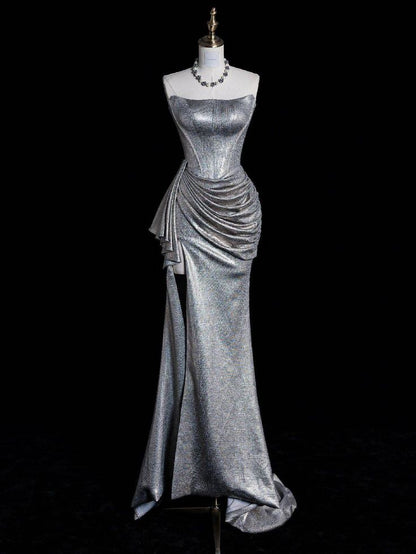 Silver Gorgeous Shimmer Slim Fit Long Satin Prom dress Evening Dress Party Dress gh4967