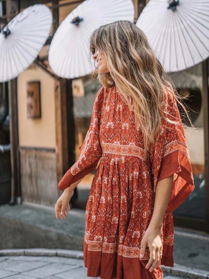 loveedsTM- Vintage Chic Fashion Women Red Floral Print O-neck Loose Bohemian Mini Dresses Ladies Batwing Sleeve Cotton Beach Boho Dress
