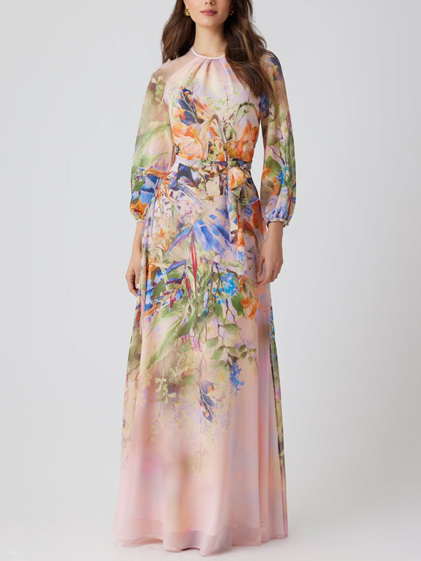 Floral Chiffon Maxi Gown with Long Sleeves