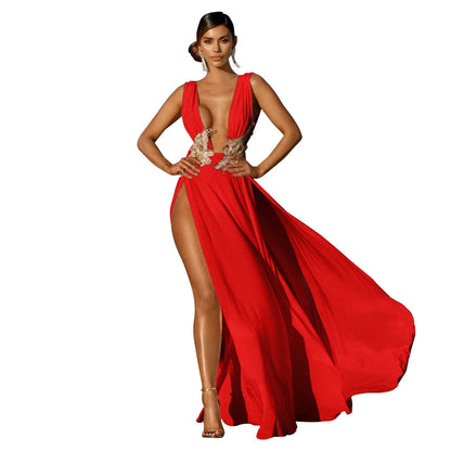 loveedsTM- Women Evening Party Dress Vestidos Long Maxi Dress Sexy Summer Deep V Neck Backless Dress High Slit Fashion Festival