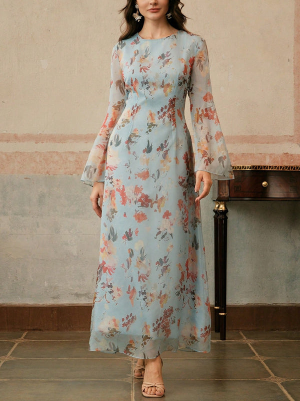 Women's Elegant Floral Print Long Sleeve Resort Dress