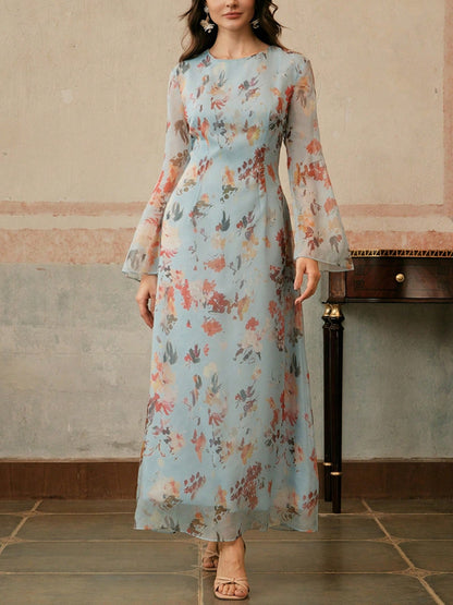 Women's Elegant Floral Print Long Sleeve Resort Dress