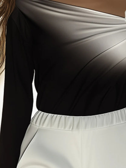 One-Shoulder Gradient Long-Sleeve T-Shirt With 3D Floral Embellishments