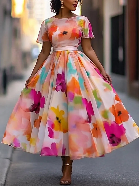 Colorful Floral Print Crew Neck Midi Dress
