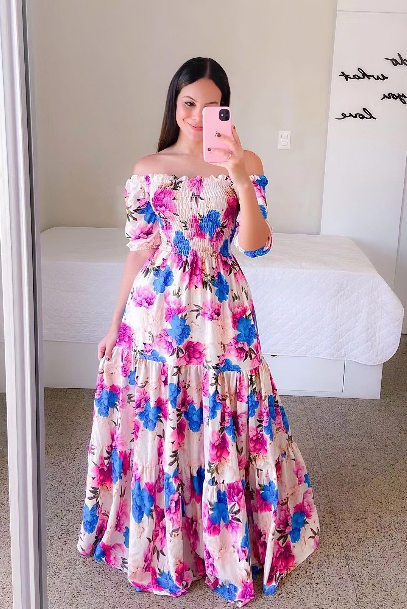 loveedsTM-One-shoulder floral off-shoulder long printed dress