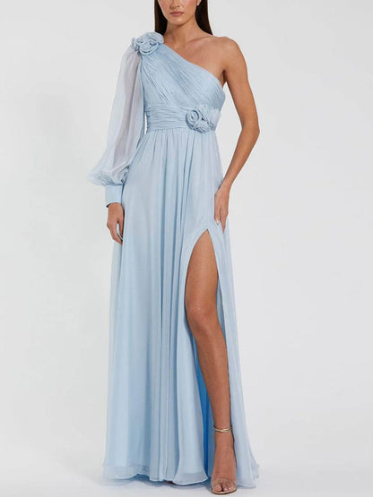 Light Blue Slit Chiffon One Shoulde Maxi Dress
