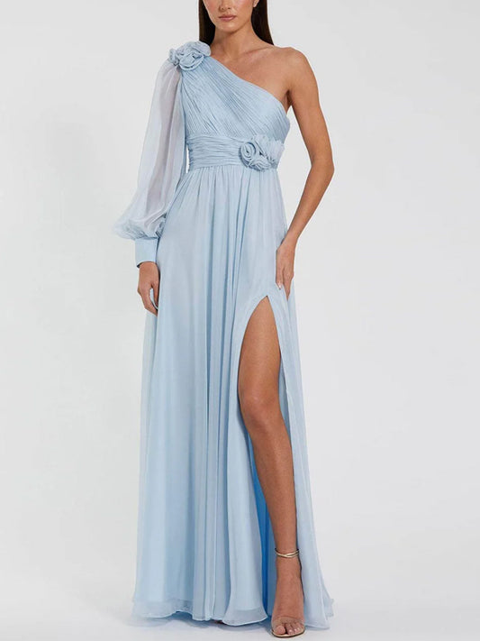 Light Blue Slit Chiffon One Shoulde Maxi Dress