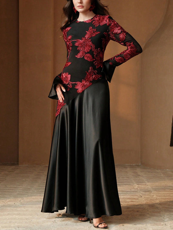 Floral Pattern Mesh Patchwork Elegant Long Sleeve Dress