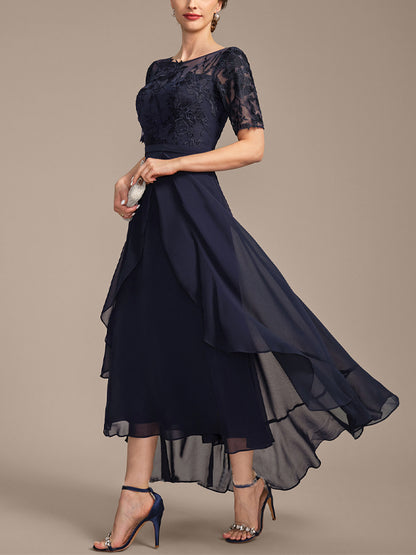 Round Neck Short Sleeve Lace Solid Color Midi Dress