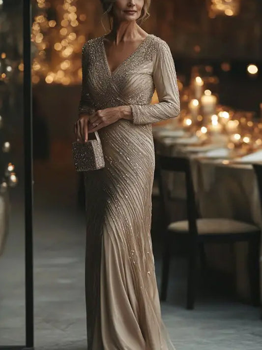 Champagne V-neck Sequined Long Sleeves Maxi Dress