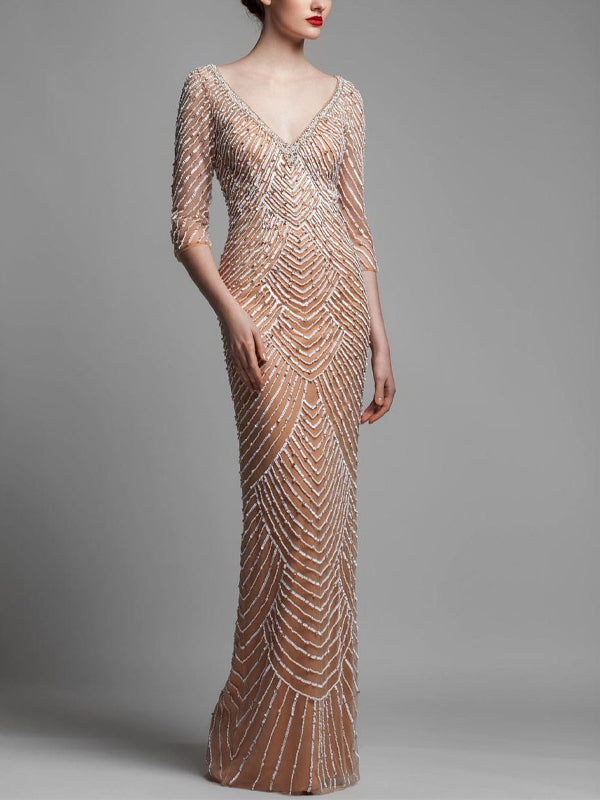 V-neck Solid Color Sequins Maxi Dress