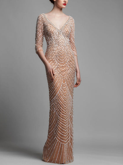 V-neck Solid Color Sequins Maxi Dress