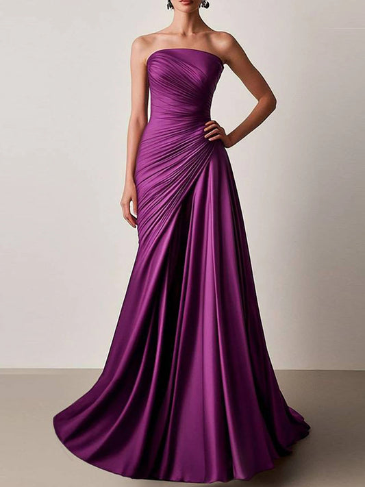 Formal Pleated Dress Purple Strapless Floor-Length Dress